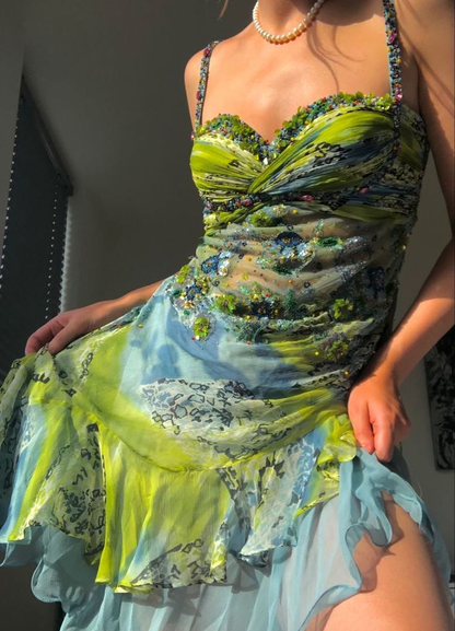 Vintage Spaghetti Straps Chiffon Beaded Short Cocktail Dress Formal Homecoming Dress Y9336