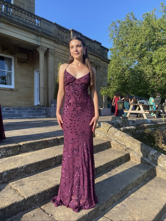 Vintage Halter Neck Purple Chiffon Sequin Beaded Mermaid Long Party Dress Prom Gown SP2446
