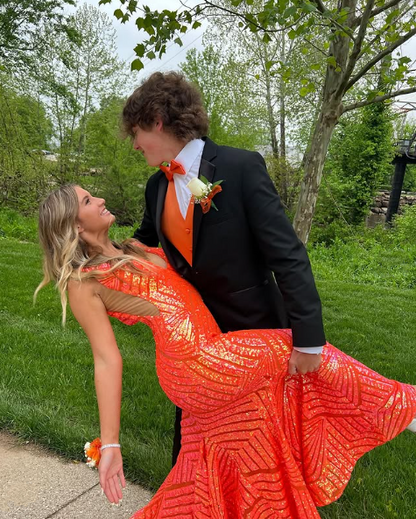 Elegant V Neck Sexy Sleeveless Mermaid Prom Dress,Orange Evening Dress  Y5188