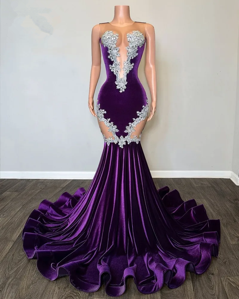 New Purple Mermaid Evening Dress With Lace Elegant Fishtail Black Girls Prom Dress Plus Size Formal Occasion Party Gowns Y6581