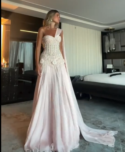 Glamorous One Shoulder Pink Chiffon Pleated Beaded Mermaid Party Dress Prom Dress SP446