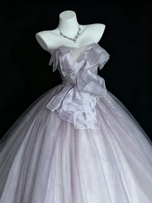 Lavender Strapless Ruffle Bow Tulle Ball Gown Rhinestone Beaded Long Quinceanera Dress SP2728