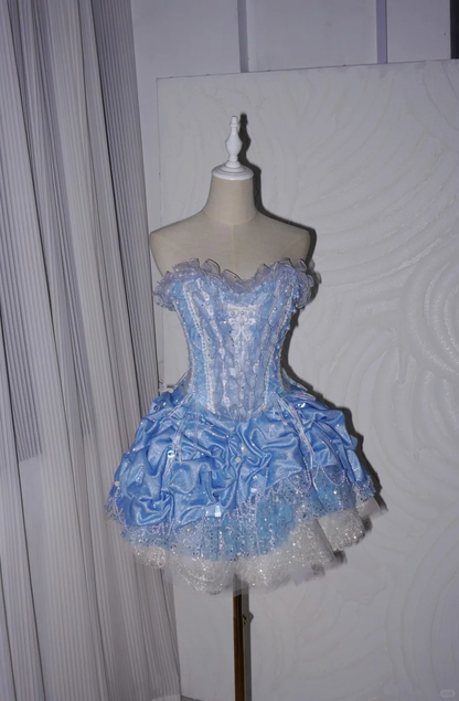 Charming Blue Strapless Satin Lace Sequin A Line Short Homecoming Dress Birthday Dress SP4217
