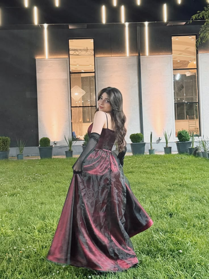 Pretty Burgundy Satin Tulle Long Party Dress Spaghetti Straps A Line Birthday Prom Dresses SP4232