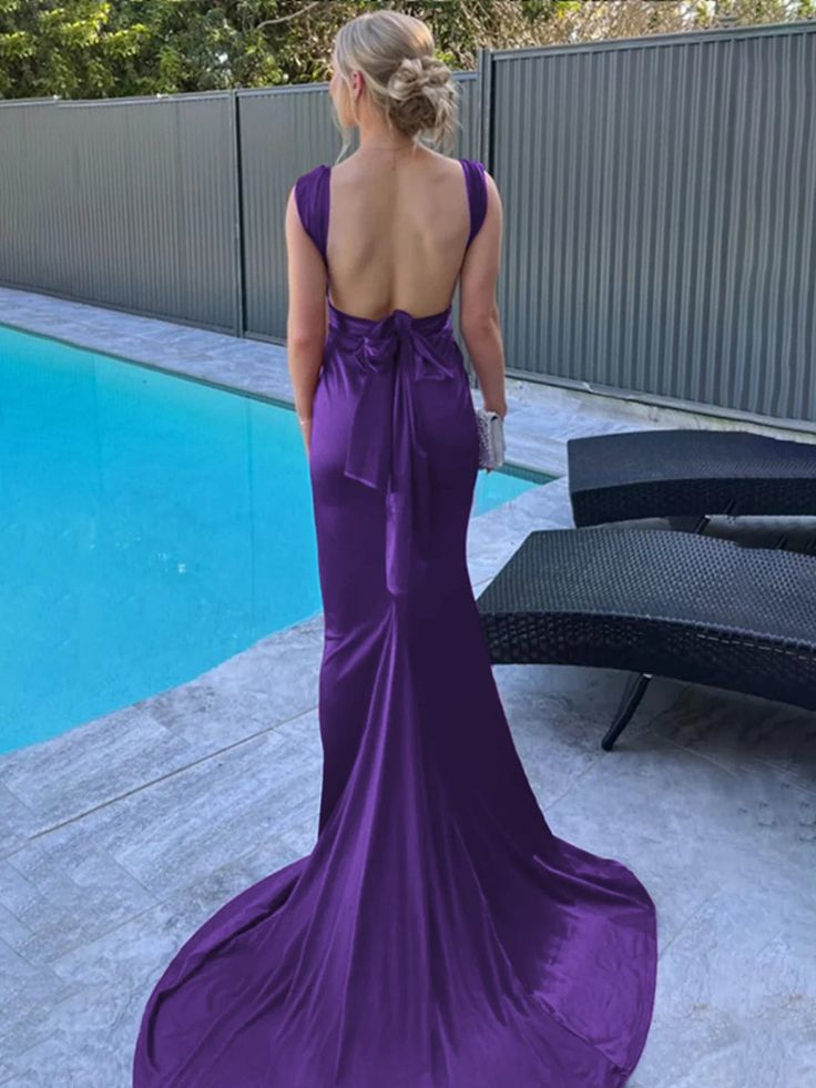 Fashion Burgundy Backless Mermaid Satin Pleated Long Party Dress, Formal Wedding Guest Dress With Train SP452