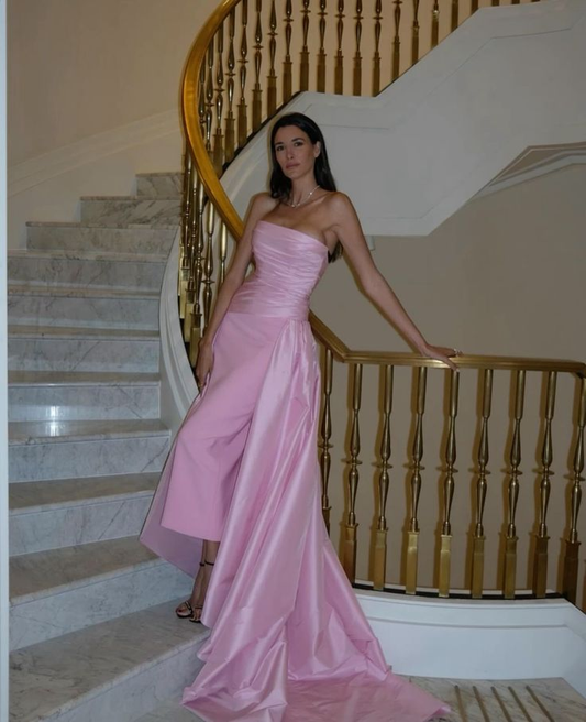 Classy Pink Strapless Satin Sheath Long Evening Dress Prom Dress SP986