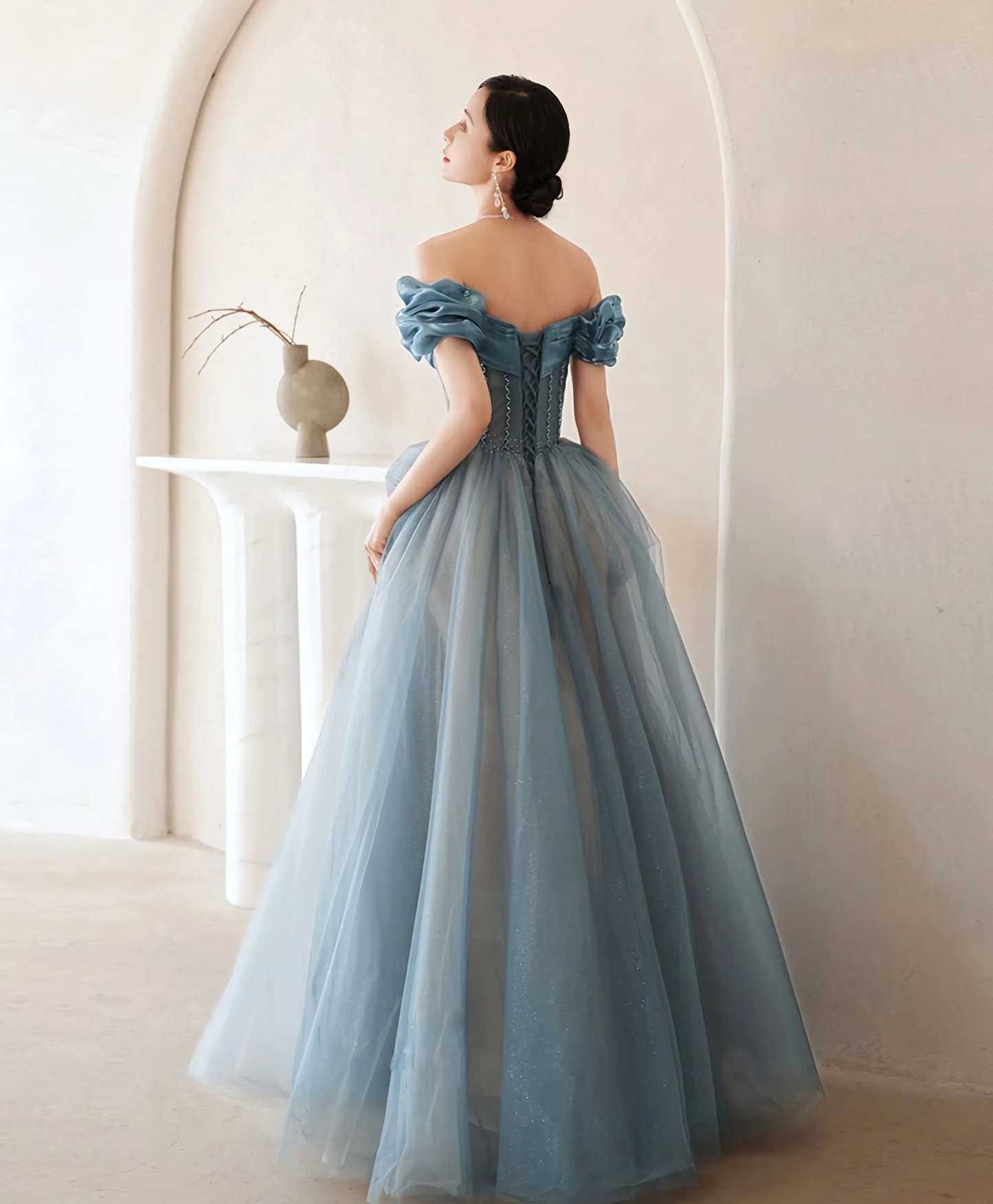 Blue Sweetheart Off Shoulder Tulle Long Prom Dress, Blue Formal Dress Y4255