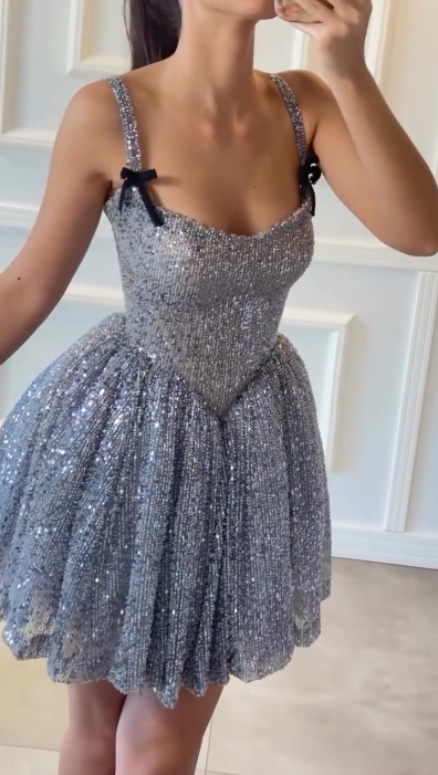 Shiny Spaghetti Straps Blue Tulle Sequin Short Homecoming Dress Birthday Dress SP3678