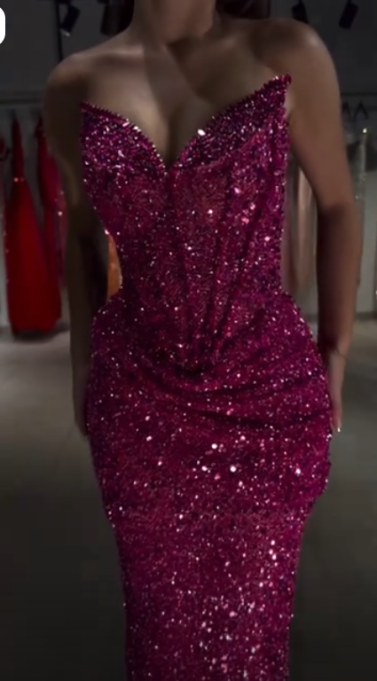 Sparkly Hot Pink Sequin Beaded Mermaid Long Party Dress,Strapless Prom Gown SP3105