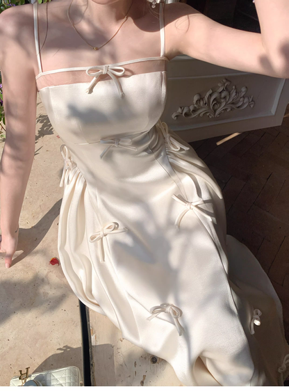 Elegant White Spaghetti Straps Satin A Line Long Evening Dress Birthday Prom Dress With Bow SP1539