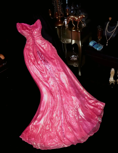 Charming Strapless Pink Satin Beaded Mermaid Long Prom Dress Evening Dress SP1067