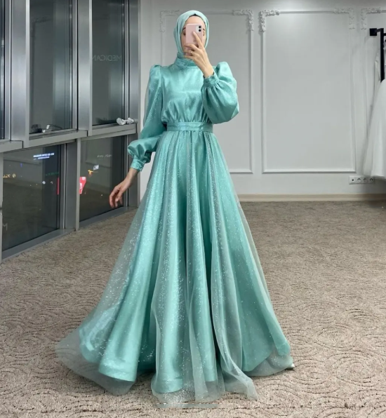 Modest A-line Navy Blue Tulle Long Sleeves Prom Dress,Muslim Dress  Y5848