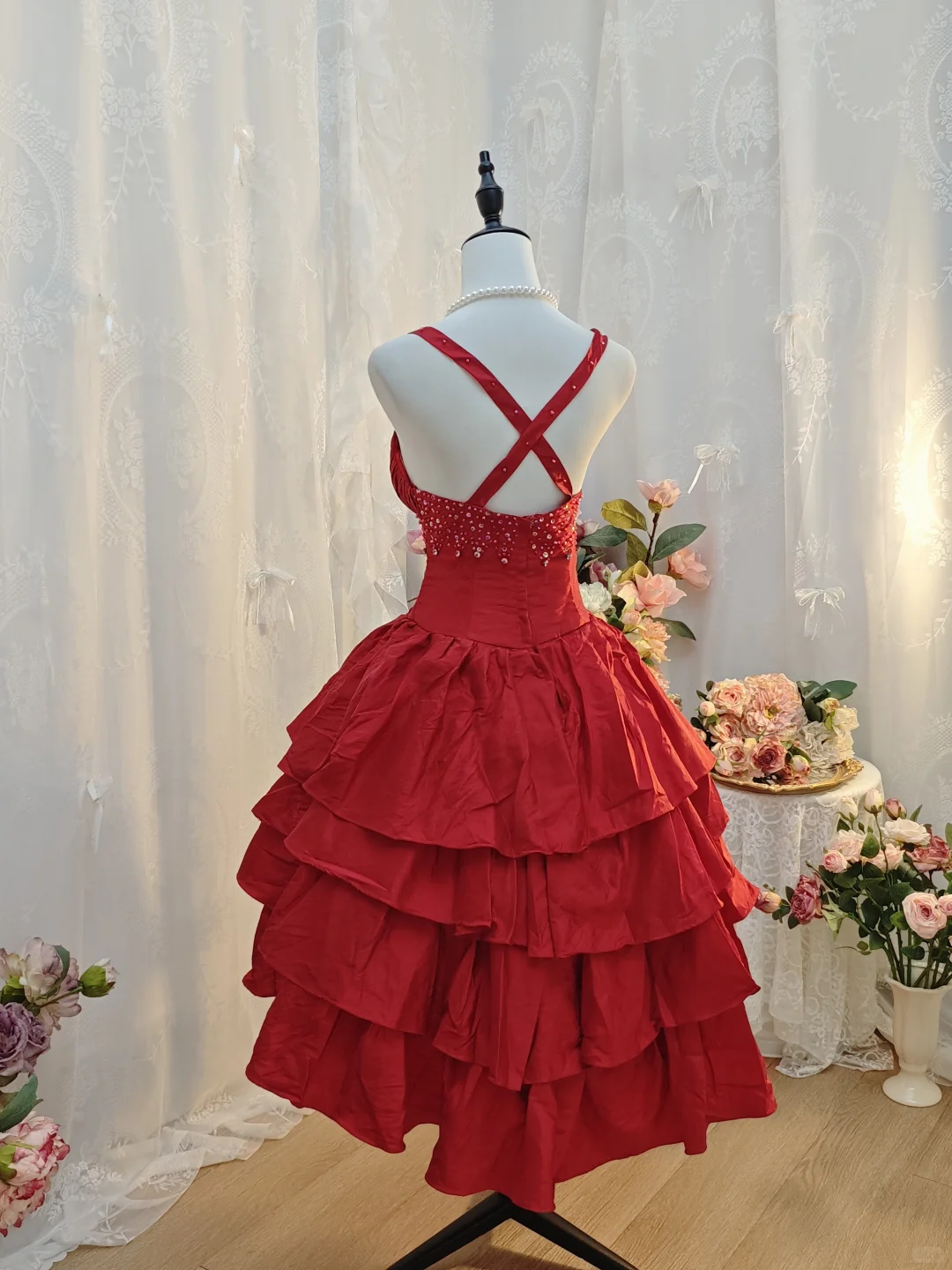 Vintage Spaghetti Straps Satin layered Beaded A Line Cocktail Dress,Red Short 7th Grade Homecoming Dress SP2708