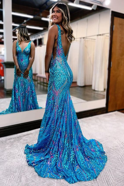 Gorgeous Mermaid V Neck Sequins Long Prom Dresses Y7186