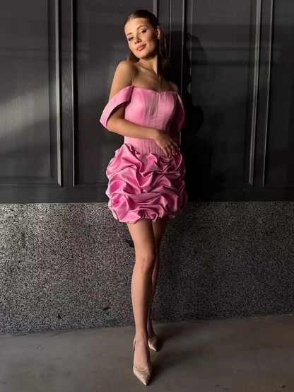 Charming Pink Satin Short 21st Birthday Outfits Off the Shoulder Pleated Strapless Mini Homecoming Dress SP3820