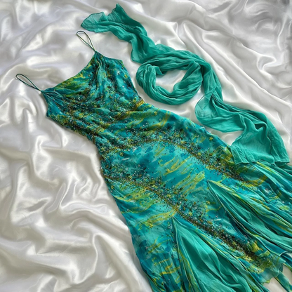Unique Green Chiffon Beaded Ruffles Long Birthday Party Dress Prom Dress Y9741