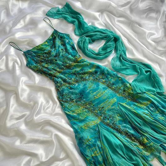Unique Green Chiffon Beaded Ruffles Long Birthday Party Dress Prom Dress Y9741