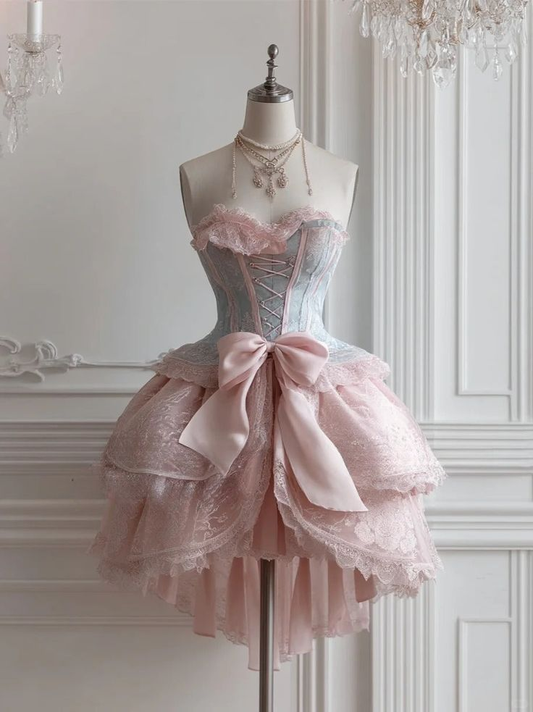 Cute Sweetheart Neck Pink Lace Layered Short Birthday Outfits Homecoming Dress Y9443