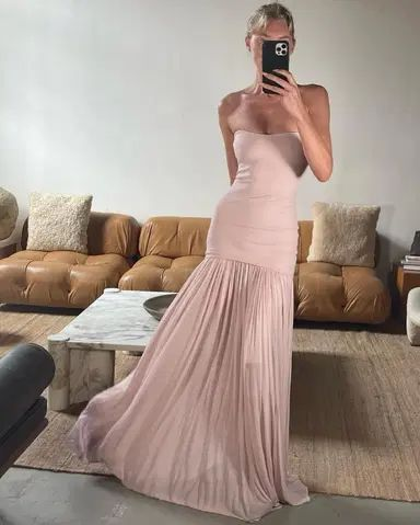 Beautiful Strapless Pink Chiffon Mermaid Party Dress Prom Dress Y8806