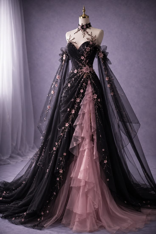 Pretty Black-pink Tulle Appliques Birthday Prom Dress Long Party Dresses SP4317