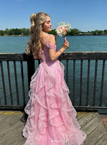 Pink Off Shoulder Fluffy Lace Appliques Floral Long Prom Dress,Evening Dress Y7846