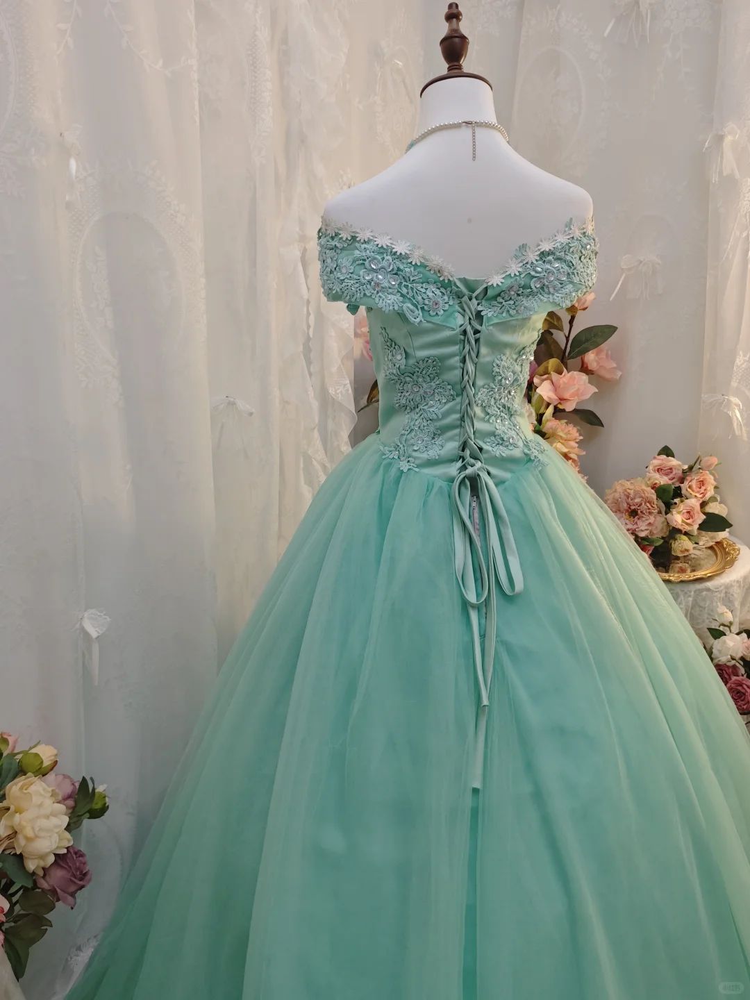 Charming Green Off The Shoulder Tulle Appliques Formal Quinceanera Dress Ball Gown SP2162