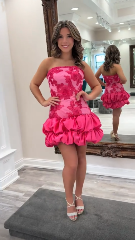 Pretty Pink Satin Floral A Line Short Graduation Homecoming Dress,Strapless Short 16th Birthday Outfits SP3345