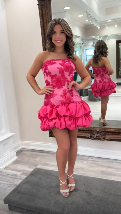 Pretty Pink Satin Floral A Line Short Graduation Homecoming Dress,Strapless Short 16th Birthday Outfits SP3345