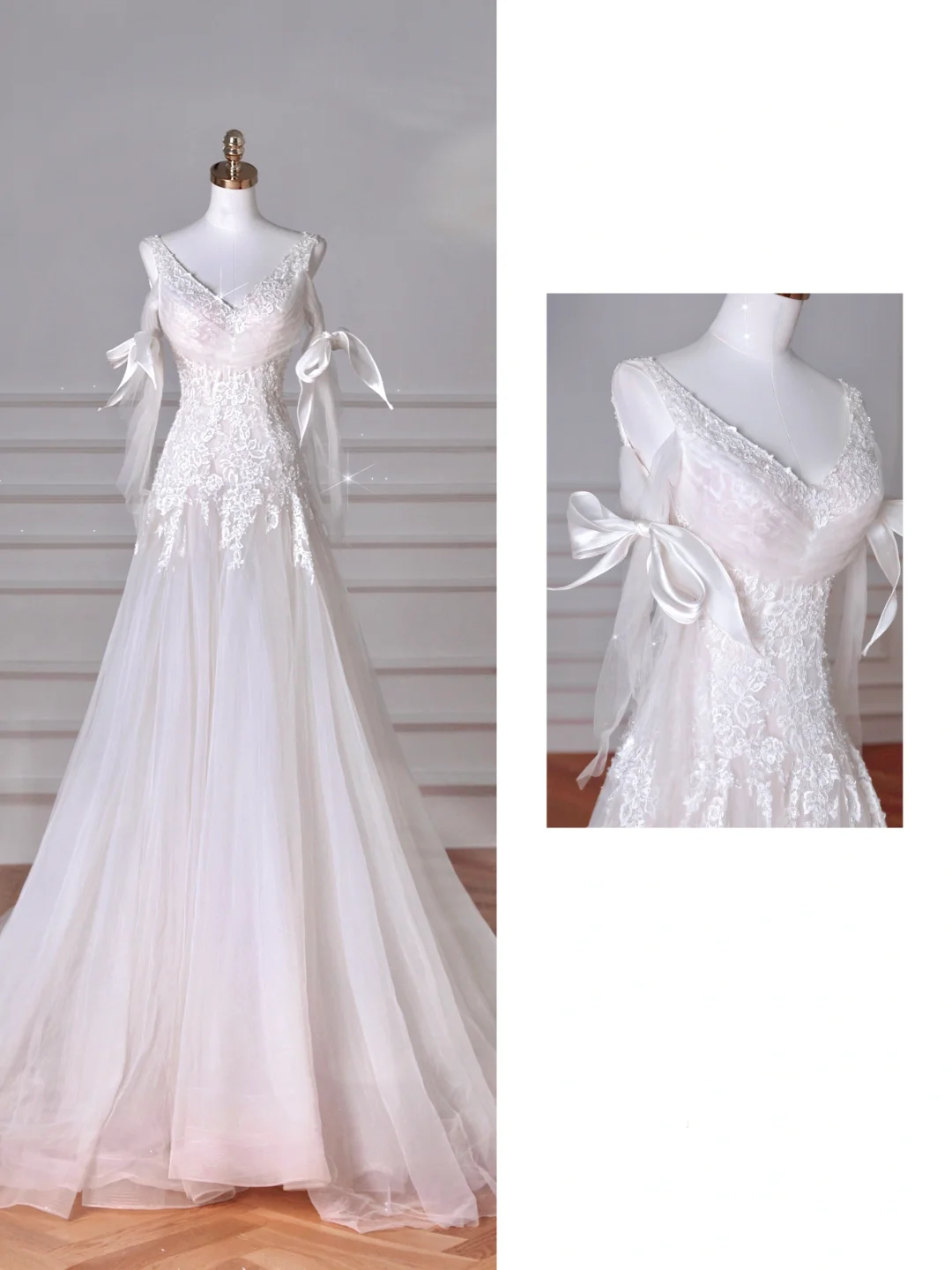 Fairy White V Neck Tulle Lace Appliques Mermaid Evening Dress,Long Wedding Dress Y8636