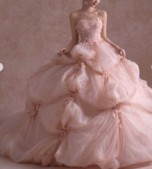 Pretty Pink Strapless Organza Appliques Long  Wedding Dress SP730