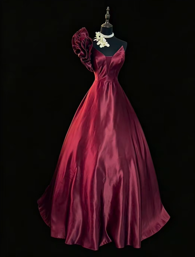 Vintage One Shoulder Ball Gown Burgundy Satin Ruffles Long Party Dress SP2768