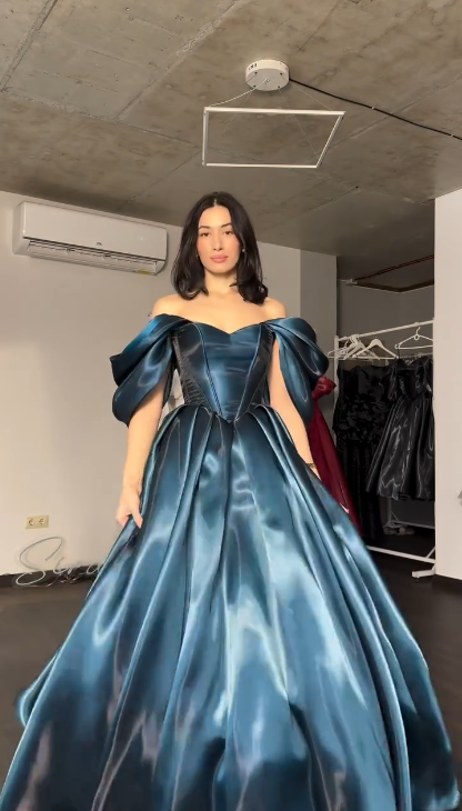 Elegant Off The Shoulder Ball Gown Blue Satin Long Party Dress Birthday Dress SP2144