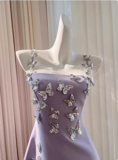 Classy Spaghetti Straps Purple Satin Sequin Butterflies Short Homecoming Dress Birthday Dress SP3271