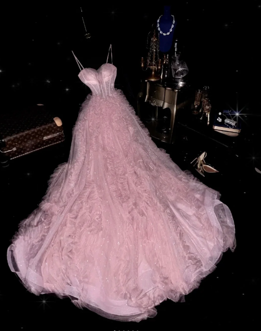 Classy Spaghetti Straps Tulle Sequin Pink Mermaid Evening Dress Long Prom Gown SP877