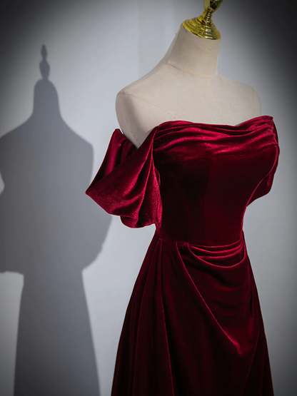 Wine Red Velvet Off Shoulder A-Line Long Party Dress, Wine Red Floor Length Prom Dress  Y5655