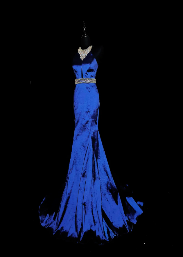 Gorgeous Navy Blue Satin Beaded Mermaid Prom Dress Backless Long Evening Dress SP436