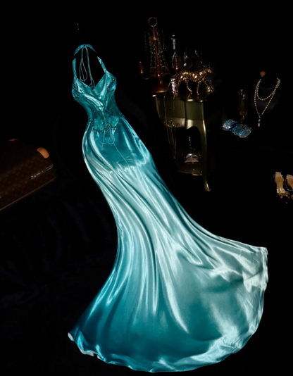 Classy Halter Blue Satin Beaded Mermaid Long Birthday Prom Dress Evening Gown SP1066