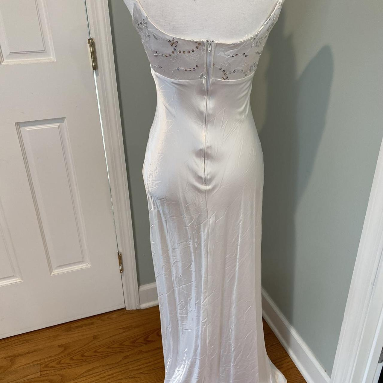 Elegant White Spaghetti Straps Satin Sequin Mermaid Long Wedding Guest Dress Party Dress SP995