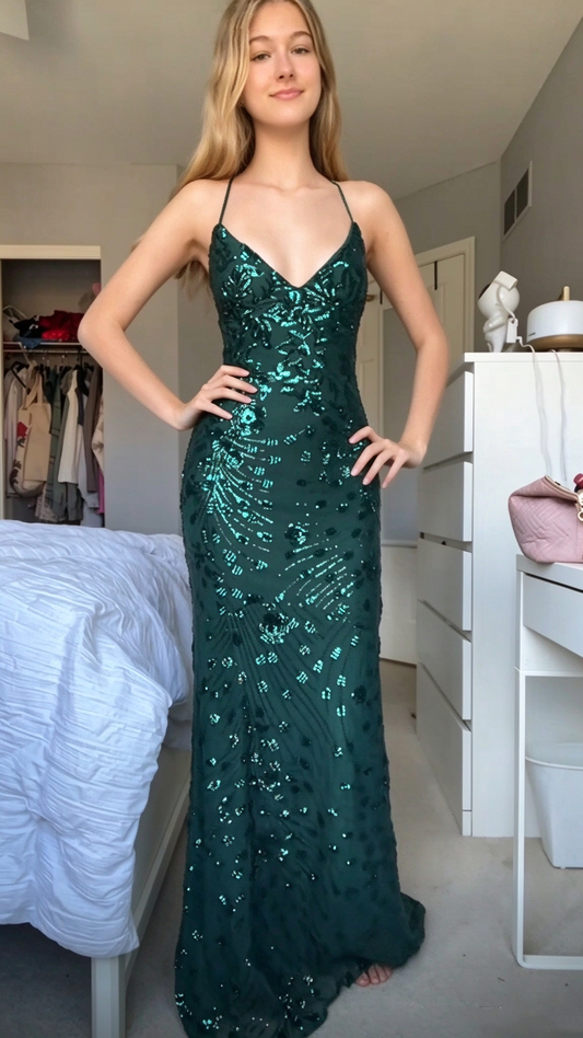 Elegant Spaghetti Straps Chiffon Sequin Floral Prom Dress Emerald Green Mermaid Long Party Dress SP4227