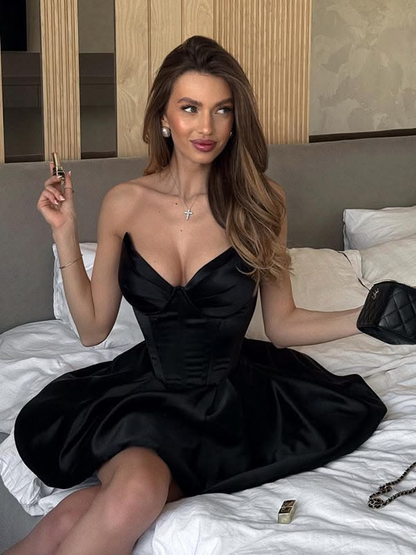 Stylish Black Strapless Satin A Line Short 9th Grade Homecoming Dress,Mini Prom Dress SP3226