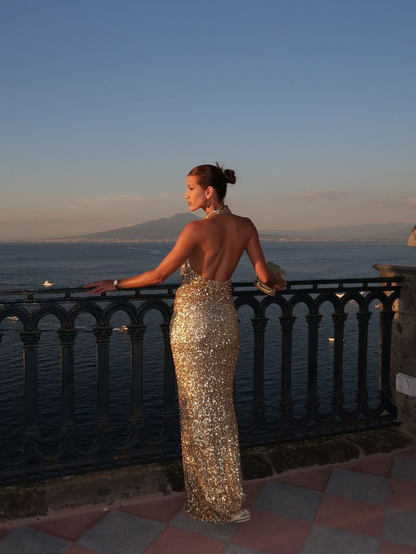 Gorgeous Gold Halter V Neck Sequin Sheath Long Prom Dress Backless Evening Dress SP1104