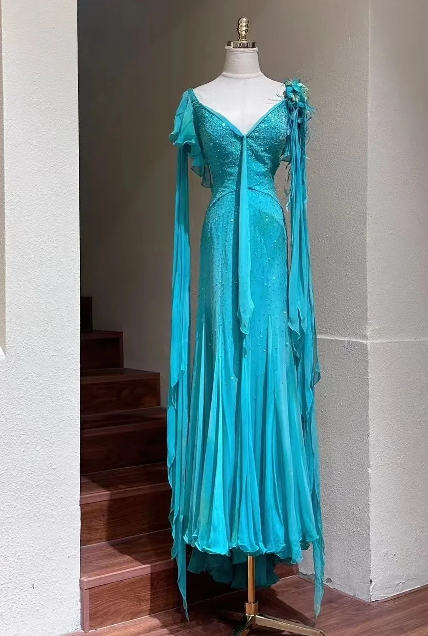 Shiny V-neck Blue Chiffon Beading Pleated Long Birthday Party Dress Prom Dress SP3847