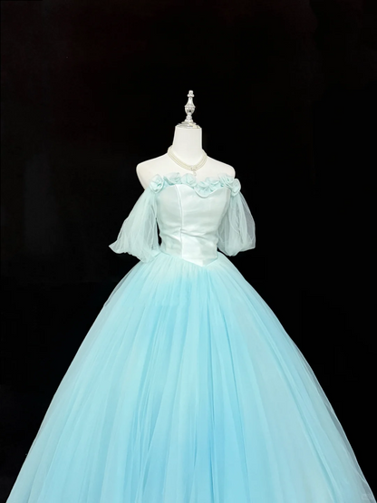 Elegant Blue Ball Gown Off The Shoulder Floral Tulle Long Prom Dress Party Gown SP2215