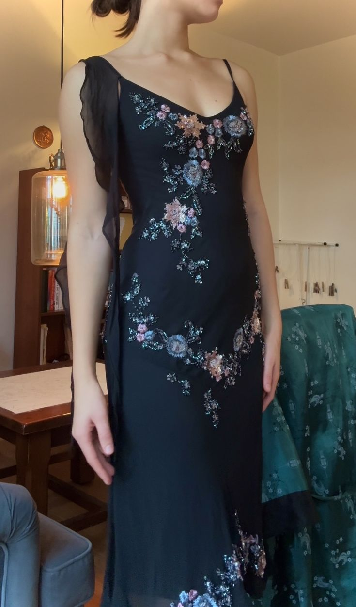 Pretty Black Spaghetti Straps Chiffon Sequin Floral Mermaid Long Party Dress Formal Wedding Guest Dress SP2244