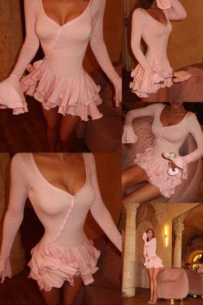 Sexy V Neck Pink Chiffon Layered Ruffles Short Cocktail Dress Formal Graduation Homecoming Dress Y9420