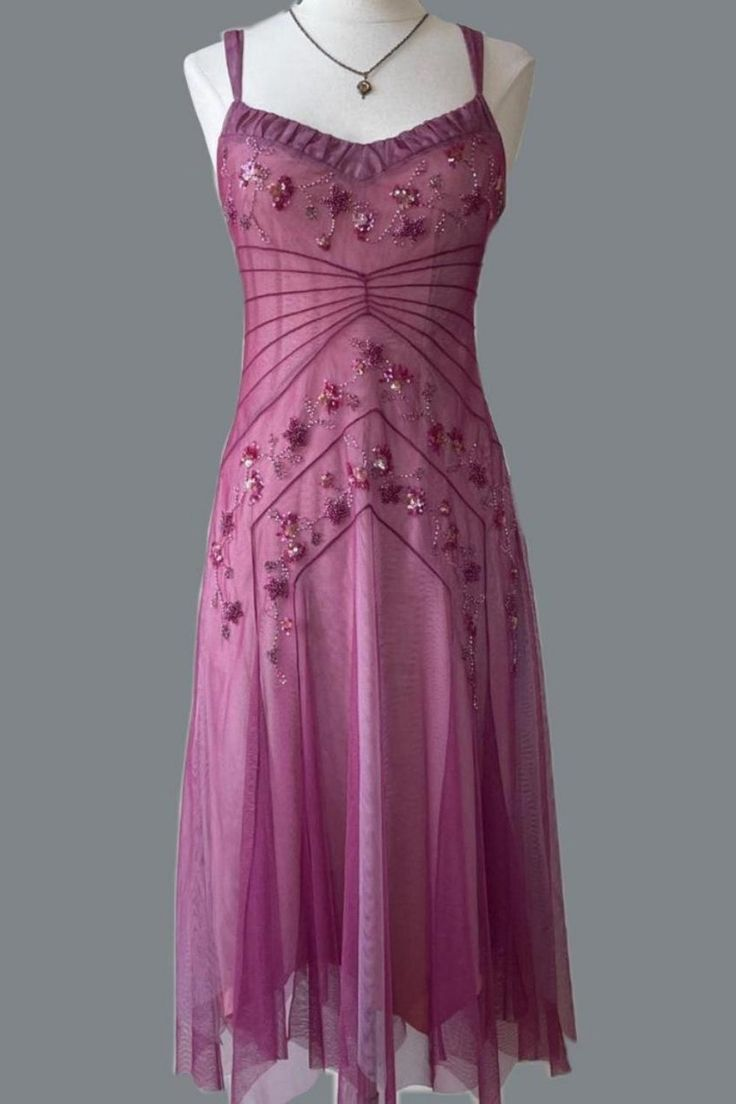 Pretty Spaghetti Straps Pink Tulle Beaded Mid-Length A Line Birthday Prom Dress Evening Gowns SP2105