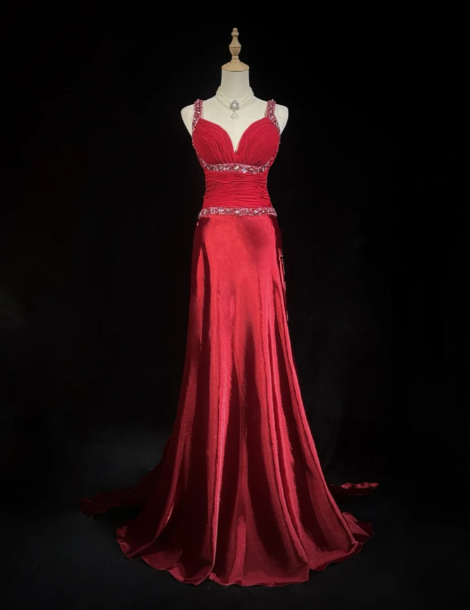 Charming Red Spaghetti Straps Satin Beaded Mermaid Long Wedding Guest Dress Formal Birthday Evening Gowns SP1797