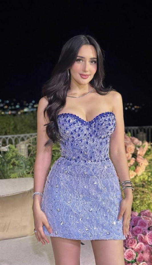 Charming Sweetheart Neck Satin Lace Beaded Mini Prom Dress,Purple Sheath Short 7th Grade Homecoming Dress SP3463