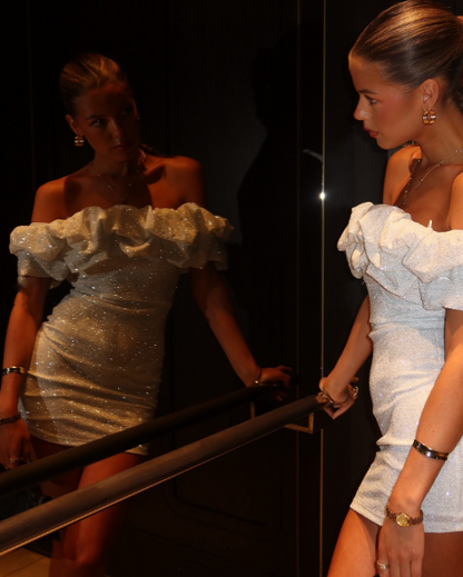 Glitter White Sequin Sheath Short 6th Grade Homecoming Dress,Off The Shoulder Mini Prom Dress SP3555