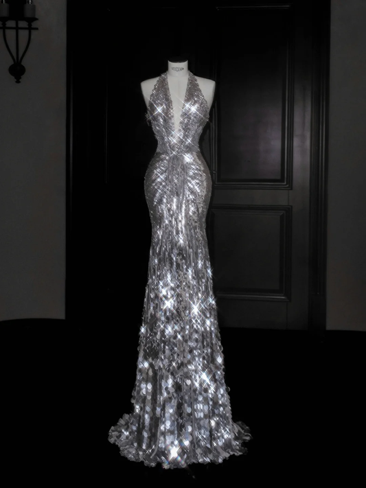 Sparkly Silver Deep V Halter Sequins Beaded Backless Evening Dress,Mermaid Prom Dress Y8687